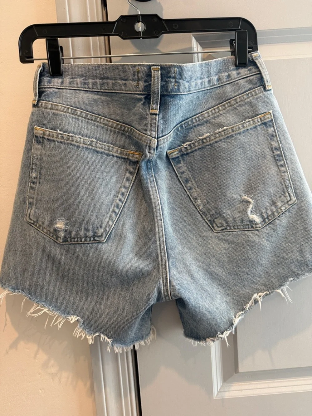 AGOLDE Parker Long Light Blue Distressed High-Rise Denim Cutoff Shorts